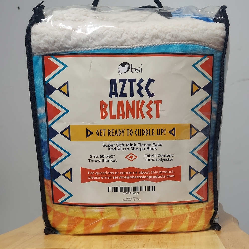 ​NEW Aztec Print Reversible Sherpa Fleece Throw Blanket 50x60 Blue Orange - NWT